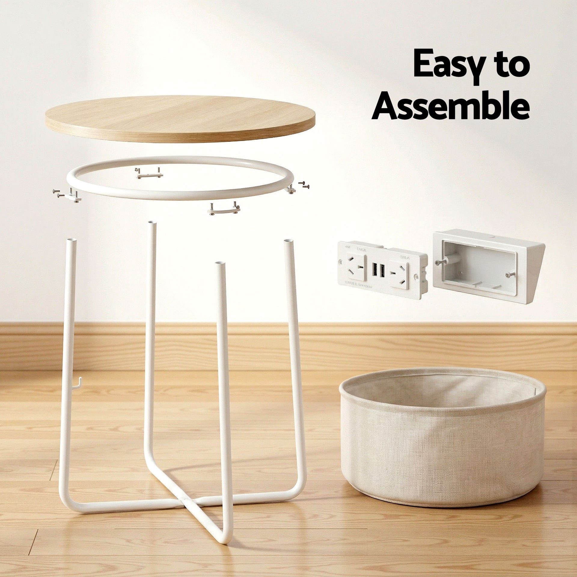 Artiss Round Coffee Table Side End Table Charging Station Storage Basket Awezingly