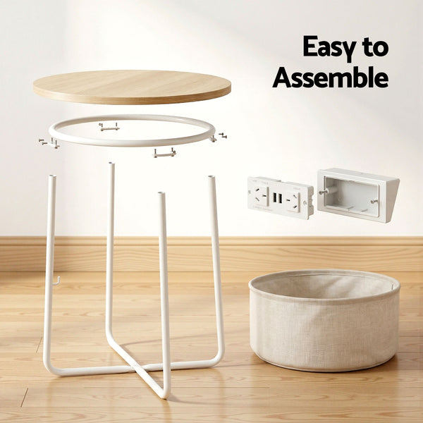 Artiss Round Coffee Table Side End Table Charging Station Storage Basket Awezingly