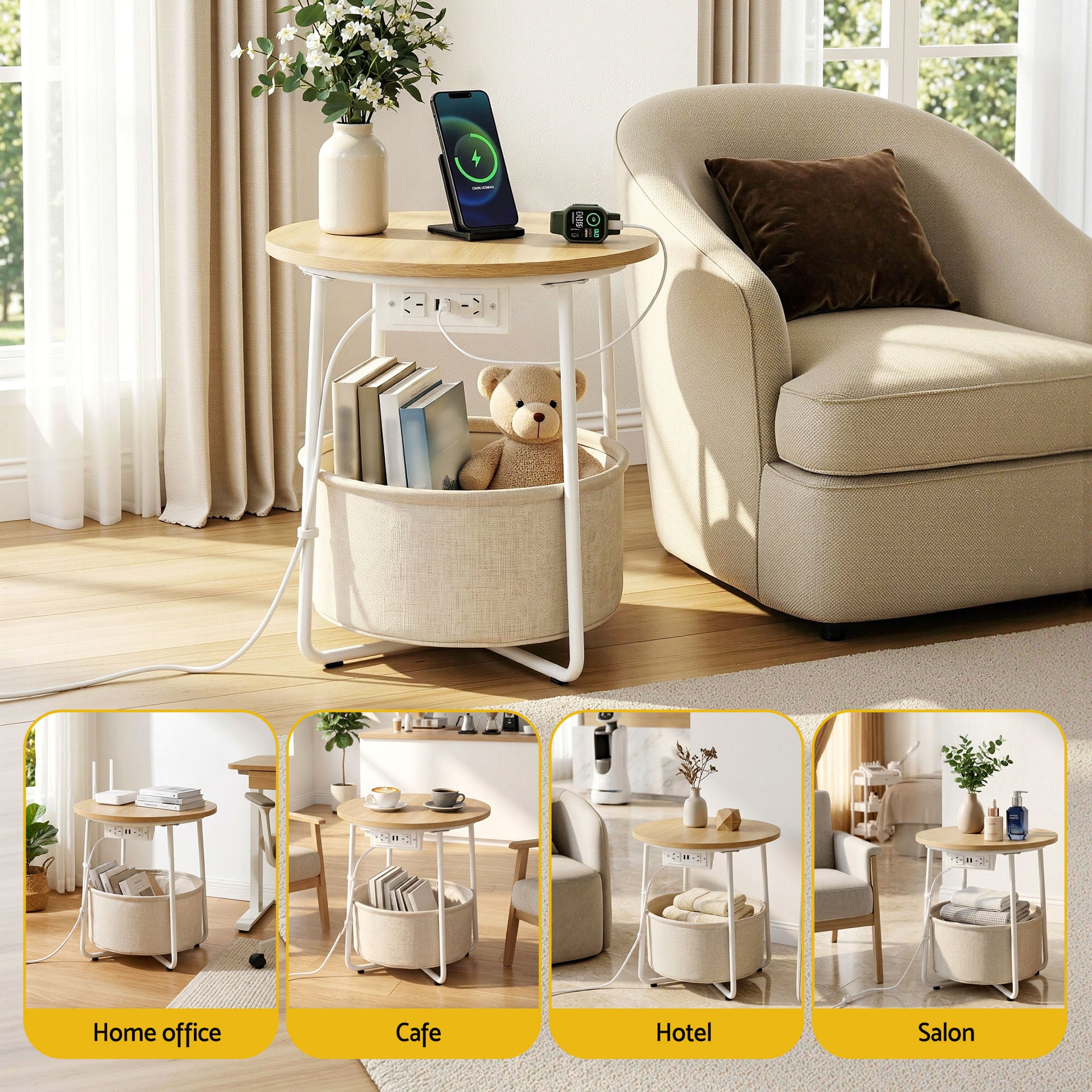 Artiss Round Coffee Table Side End Table Charging Station Storage Basket Awezingly