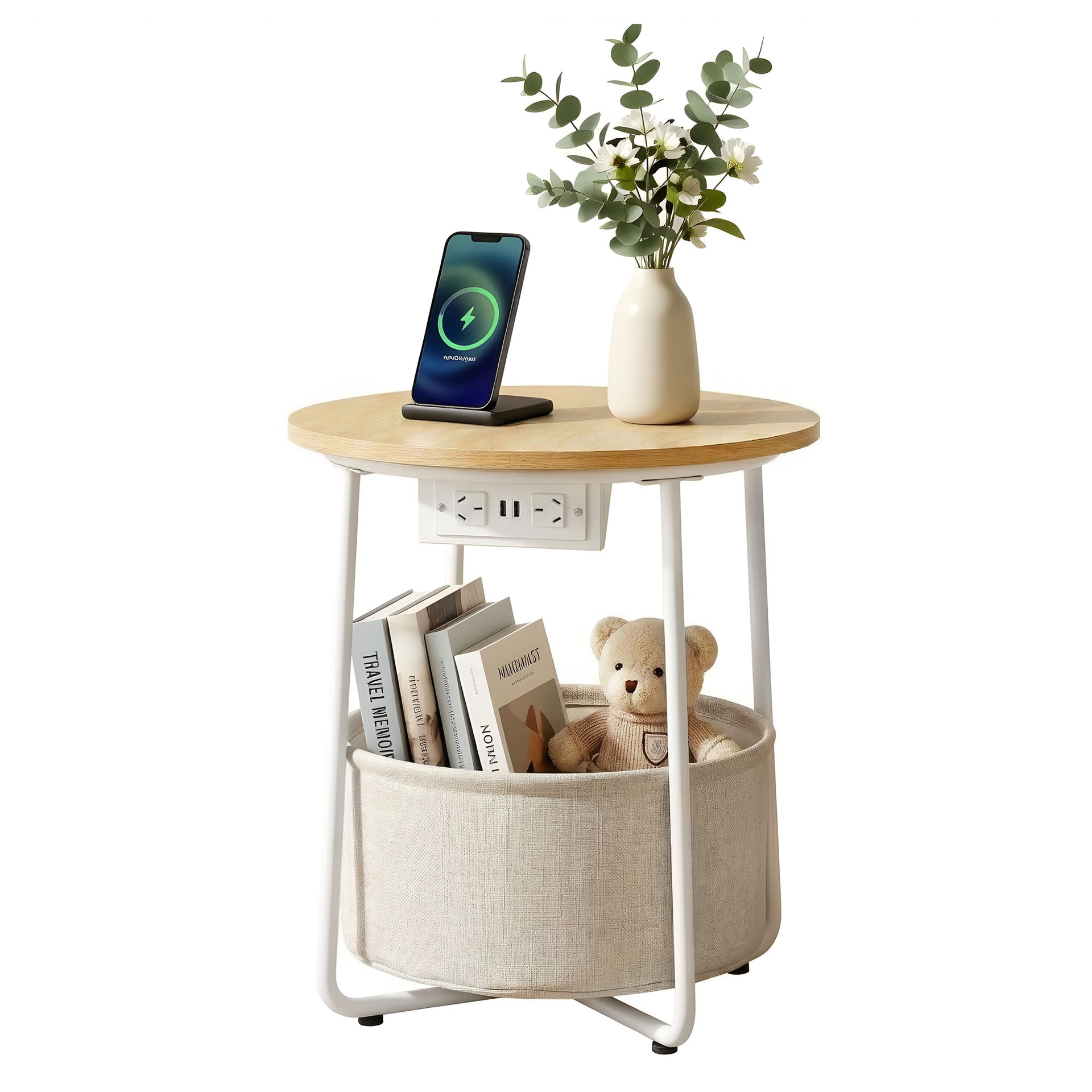 Artiss Round Coffee Table Side End Table Charging Station Storage Basket Awezingly