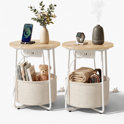Artiss Set of 2 Round Coffee Table Bedside Side End Table Charging Station Storage Basket