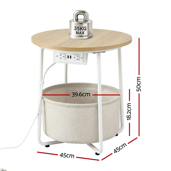 Artiss Set of 2 Round Coffee Table Bedside Side End Table Charging Station Storage Basket Awezingly