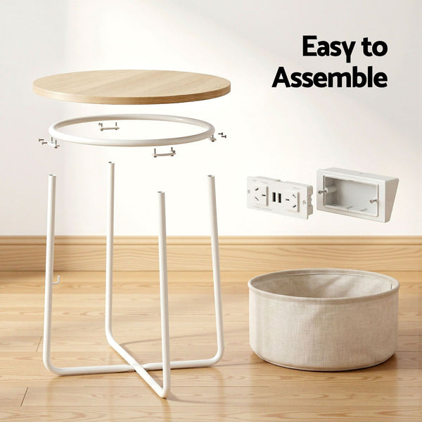 Artiss Set of 2 Round Coffee Table Bedside Side End Table Charging Station Storage Basket Awezingly