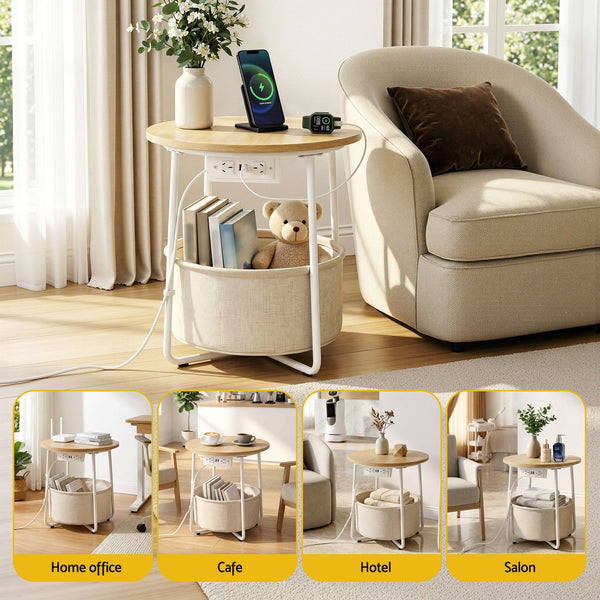 Artiss Set of 2 Round Coffee Table Bedside Side End Table Charging Station Storage Basket Awezingly