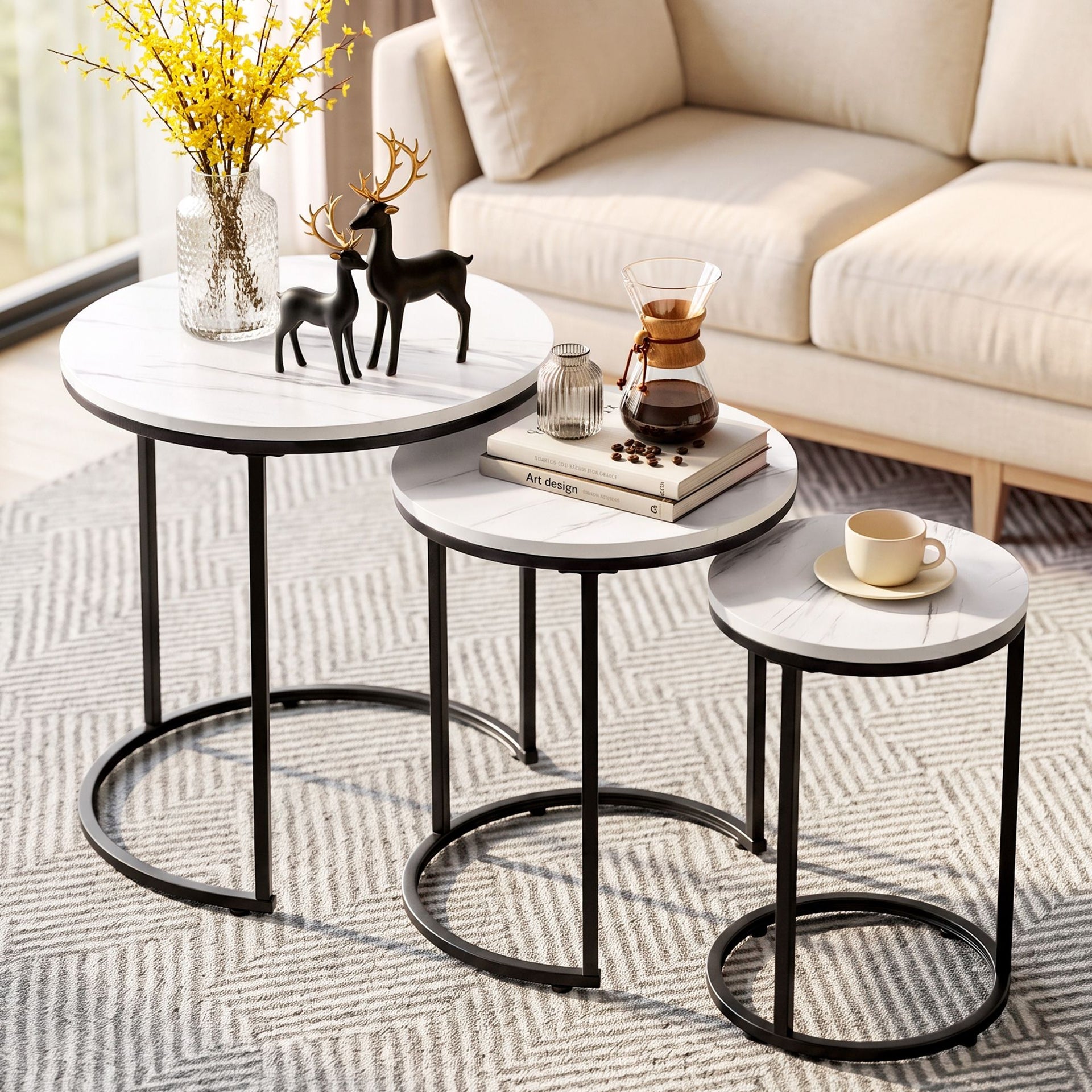 Artiss Nesting Coffee Table Set of 3 Round Stackable Side End Tables Marble Finish White Awezingly