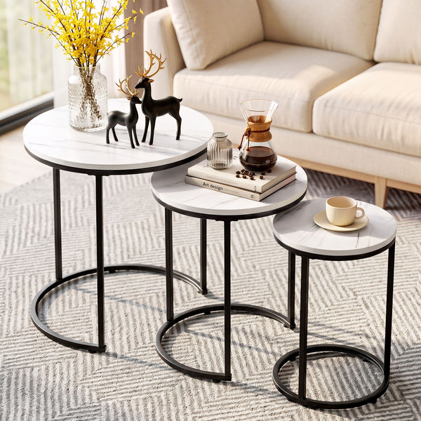 Artiss Nesting Coffee Table Set of 3 Round Stackable Side End Tables Marble Finish White Awezingly