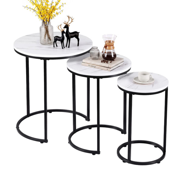 Artiss Nesting Coffee Table Set of 3 Round Stackable Side End Tables Marble Finish White Awezingly