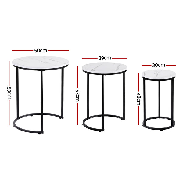 Artiss Nesting Coffee Table Set of 3 Round Stackable Side End Tables Marble Finish White Awezingly