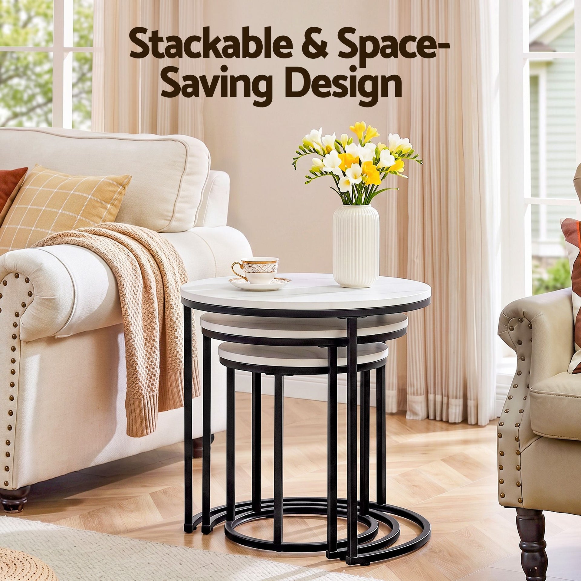 Artiss Nesting Coffee Table Set of 3 Round Stackable Side End Tables Marble Finish White Awezingly