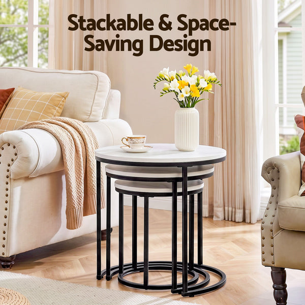 Artiss Nesting Coffee Table Set of 3 Round Stackable Side End Tables Marble Finish White Awezingly