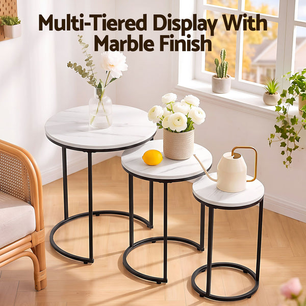 Artiss Nesting Coffee Table Set of 3 Round Stackable Side End Tables Marble Finish White Awezingly