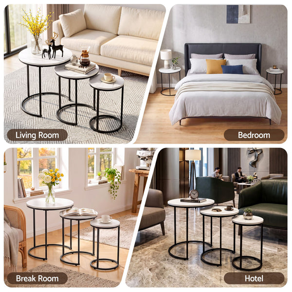 Artiss Nesting Coffee Table Set of 3 Round Stackable Side End Tables Marble Finish White Awezingly