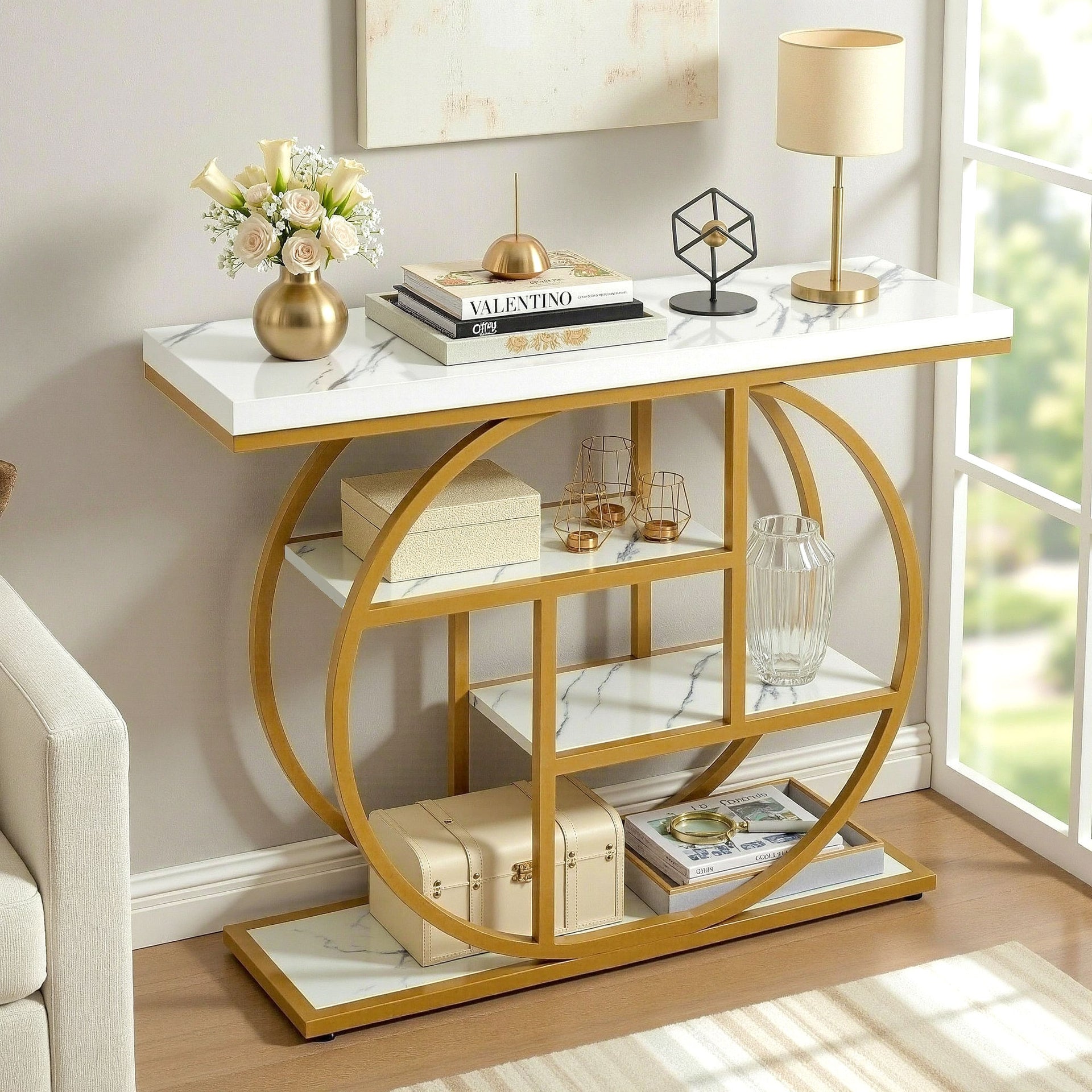 Artiss Console Table Marble Effect 4-Tier Shelves 105CM White&Gold Awezingly