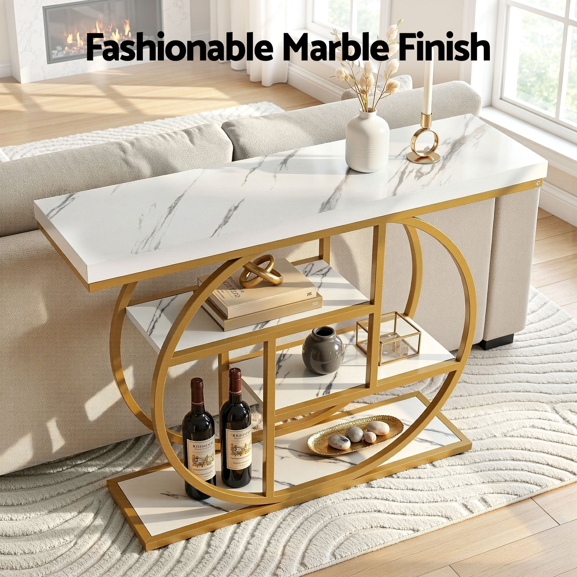 Artiss Console Table Marble Effect 4-Tier Shelves 105CM White&Gold Awezingly