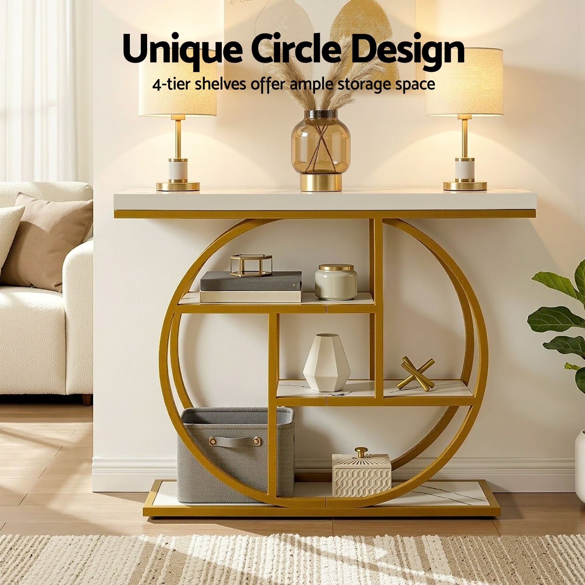 Artiss Console Table Marble Effect 4-Tier Shelves 105CM White&Gold Awezingly