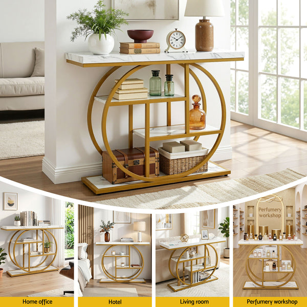 Artiss Console Table Marble Effect 4-Tier Shelves 105CM White&Gold Awezingly