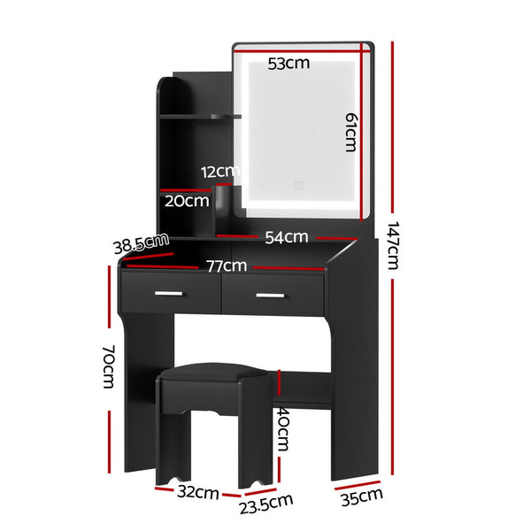 Artiss Dressing Table Set Stool Led Black Awezingly