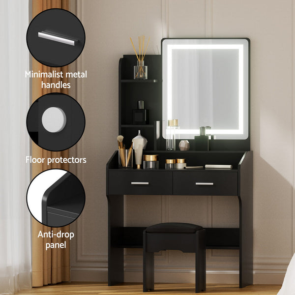 Artiss Dressing Table Set Stool Led Black Awezingly