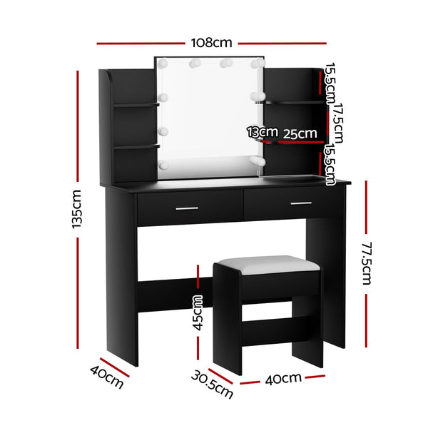 Artiss Dressing Table LED Makeup Mirror Stool Set 10 Bulbs Vanity Desk Black Artiss