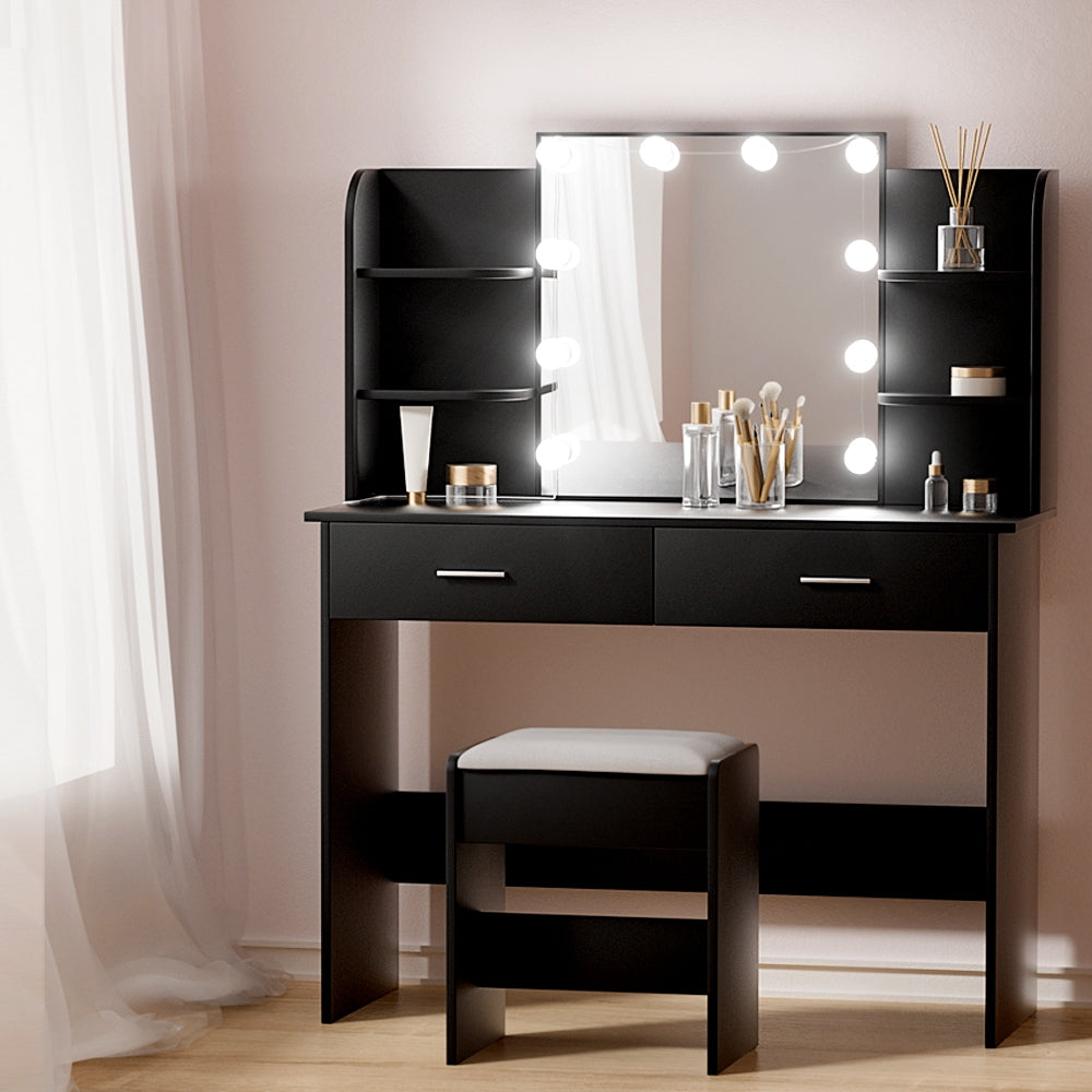 Artiss Dressing Table LED Makeup Mirror Stool Set 10 Bulbs Vanity Desk Black Artiss