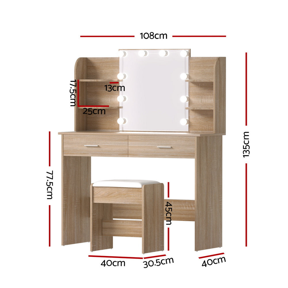 Artiss Dressing Table Set Stool 10 Led Bulbs Wood Awezingly