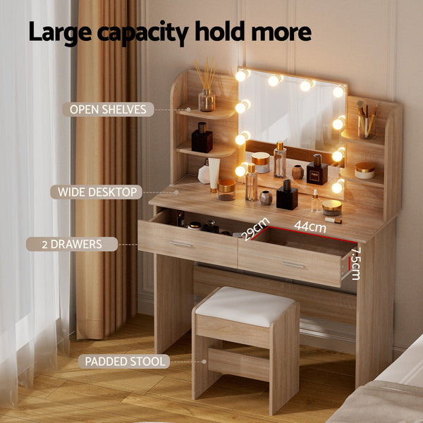 Artiss Dressing Table Set Stool 10 Led Bulbs Wood Awezingly