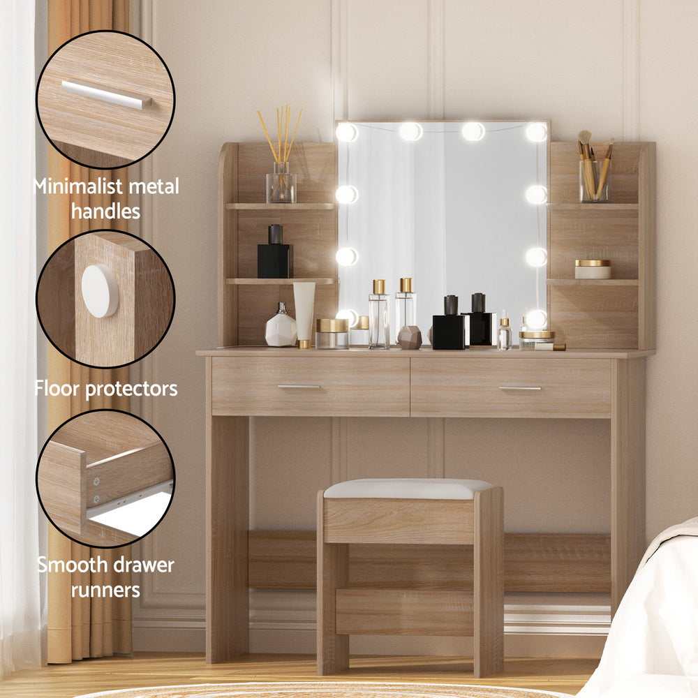 Artiss Dressing Table Set Stool 10 Led Bulbs Wood Awezingly