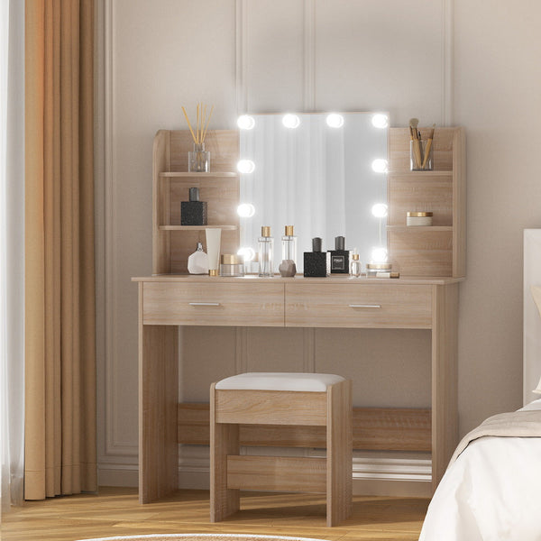 Artiss Dressing Table Set Stool 10 Led Bulbs Wood Awezingly