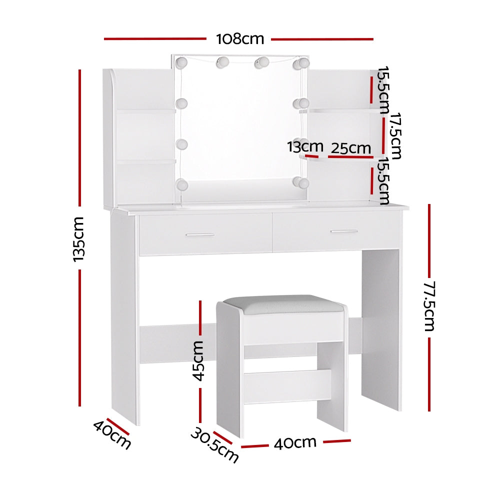 Artiss Dressing Table LED Makeup Mirror Stool Set 10 Bulbs Vanity Desk White Artiss