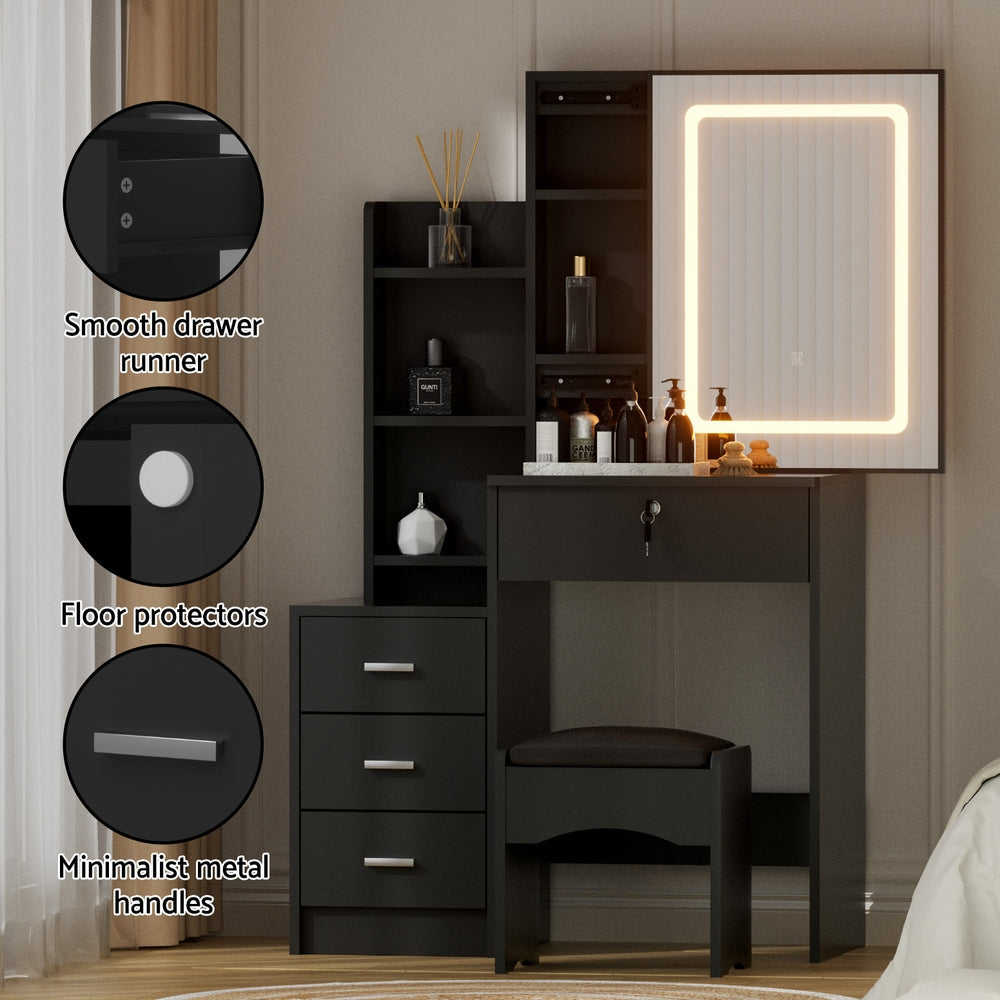 Artiss Dressing Table Vanity Desk Set Stool Led Black Awezingly