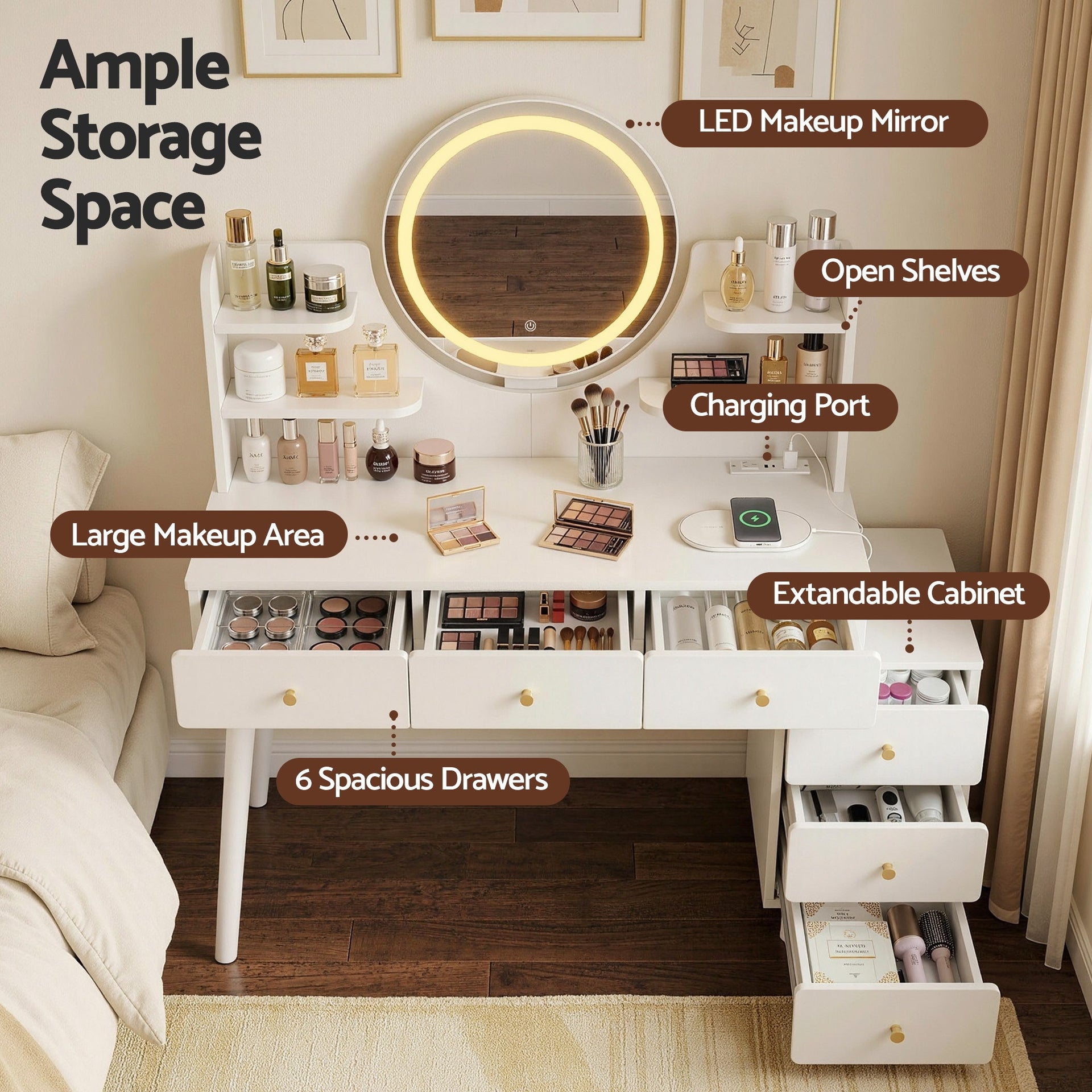 Artiss Dressing Table Vanity Desk LED Charging Station White Awezingly