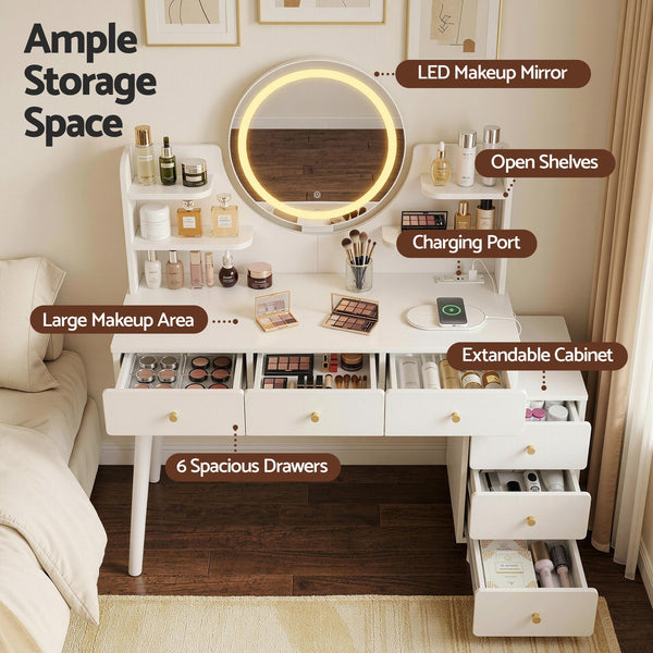 Artiss Dressing Table Vanity Desk LED Charging Station White Awezingly