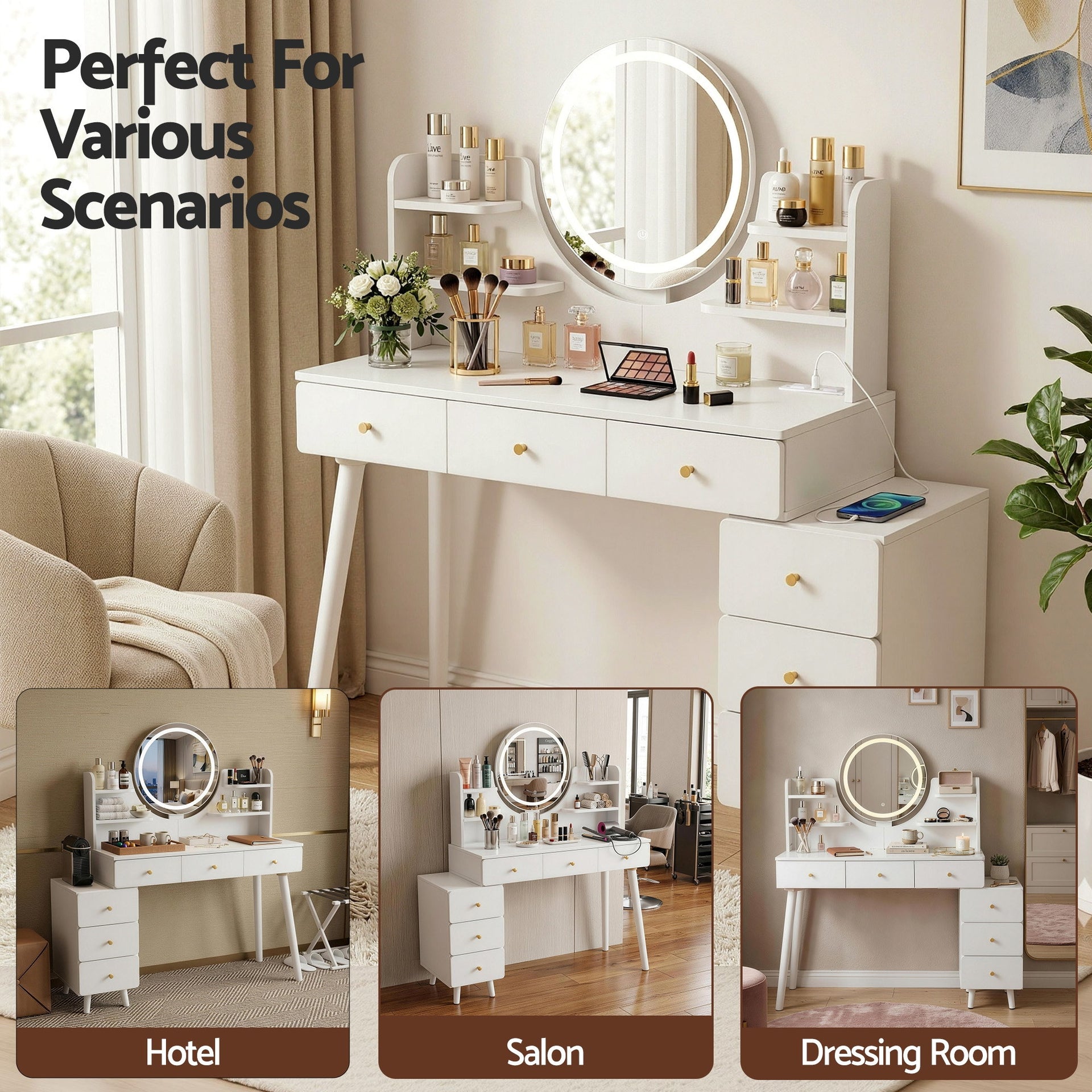 Artiss Dressing Table Vanity Desk LED Charging Station White Awezingly