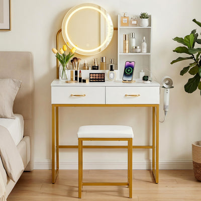 Artiss Dressing Table Vanity Desk Set Stool LED Charging Station White