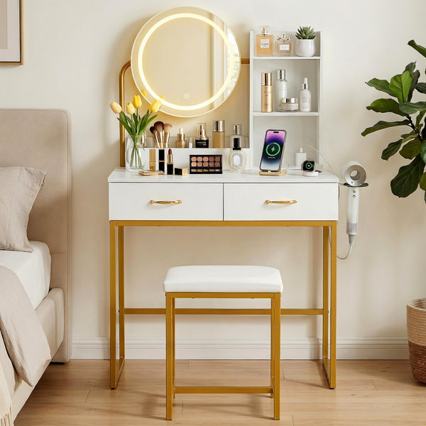 Artiss Dressing Table Vanity Desk Set Stool LED Charging Station White Awezingly