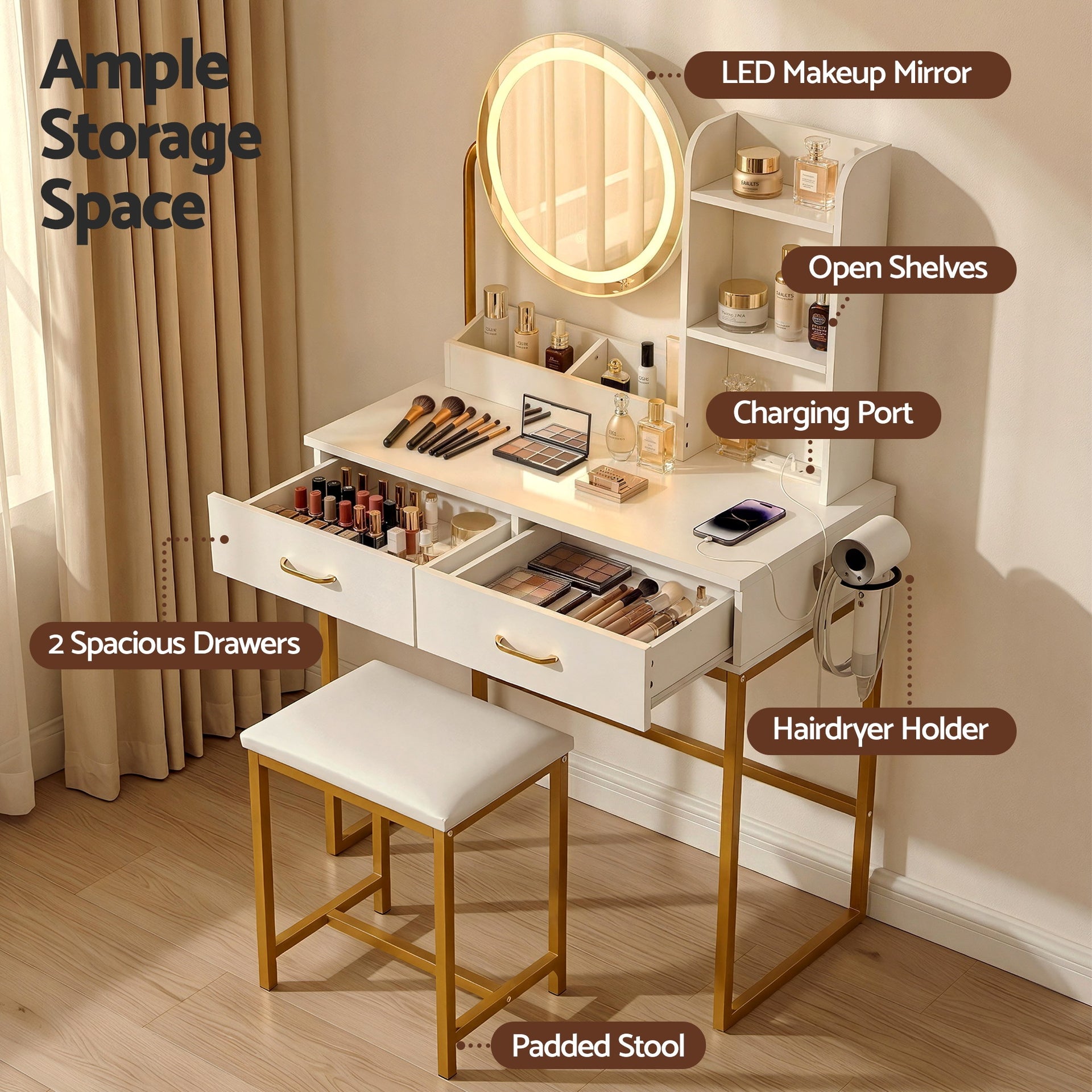 Artiss Dressing Table Vanity Desk Set Stool LED Charging Station White Awezingly