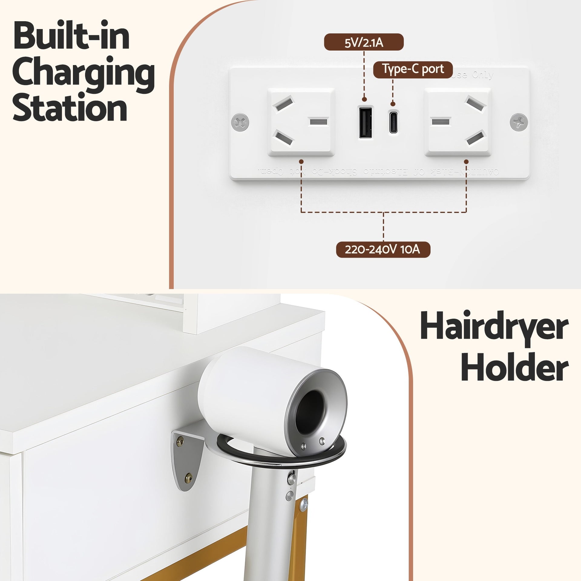 Artiss Dressing Table Vanity Desk Set Stool LED Charging Station White Awezingly