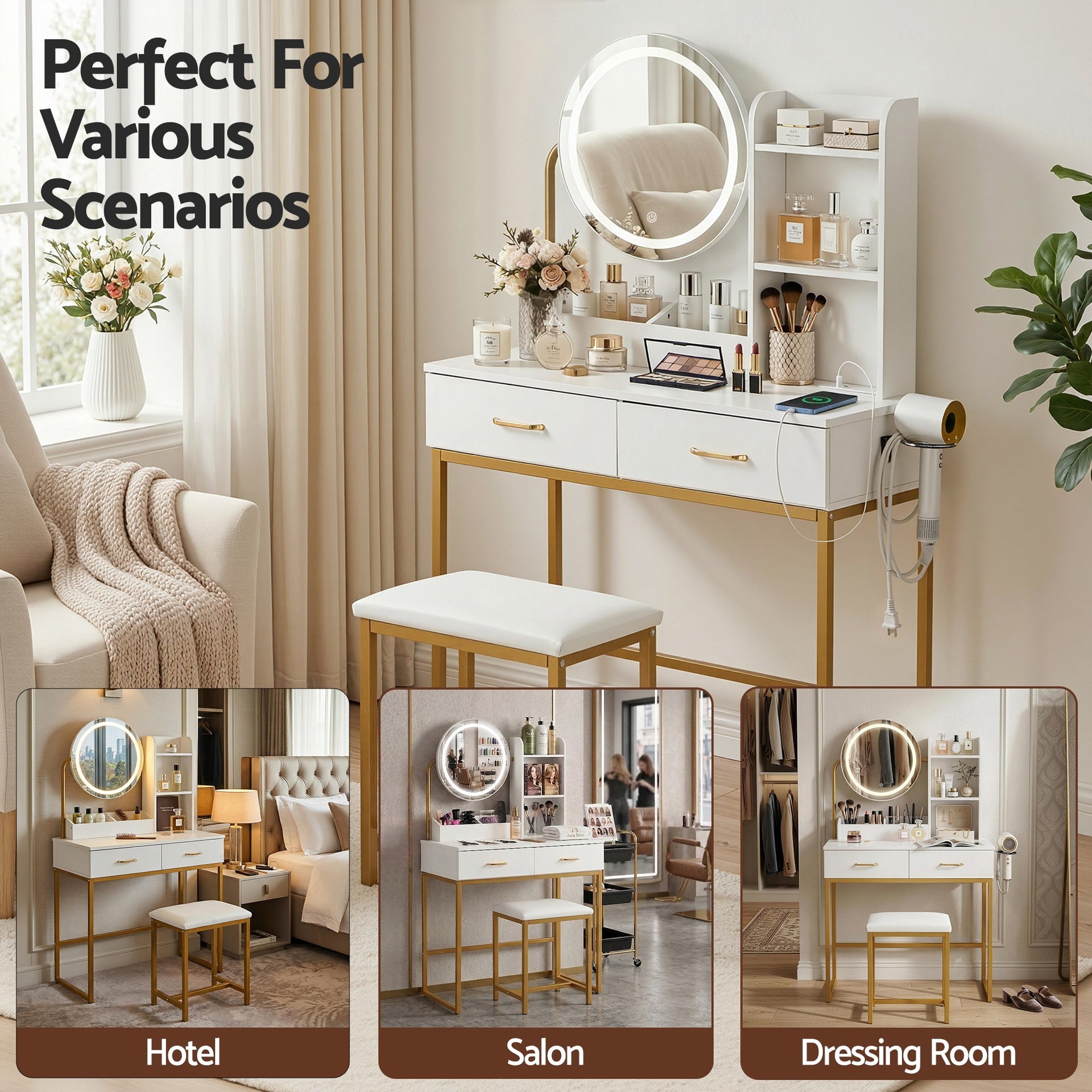 Artiss Dressing Table Vanity Desk Set Stool LED Charging Station White Awezingly