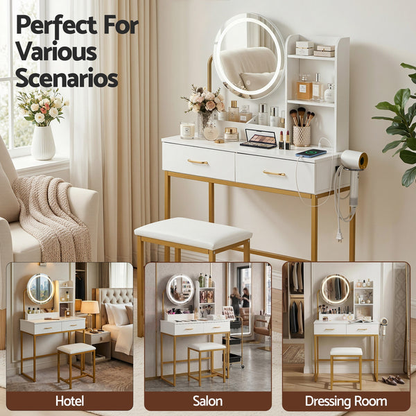 Artiss Dressing Table Vanity Desk Set Stool LED Charging Station White Awezingly