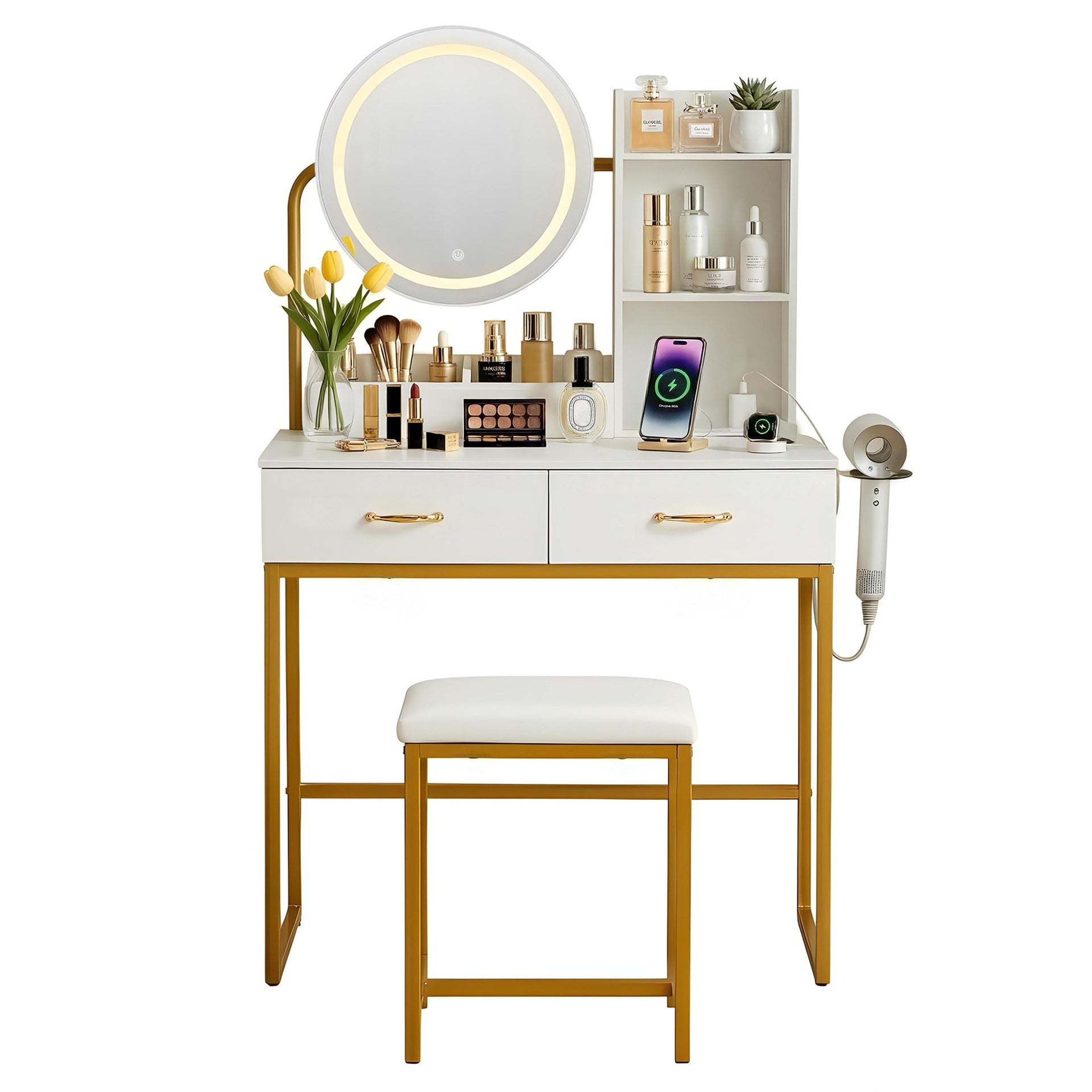 Artiss Dressing Table Vanity Desk Set Stool LED Charging Station White Awezingly