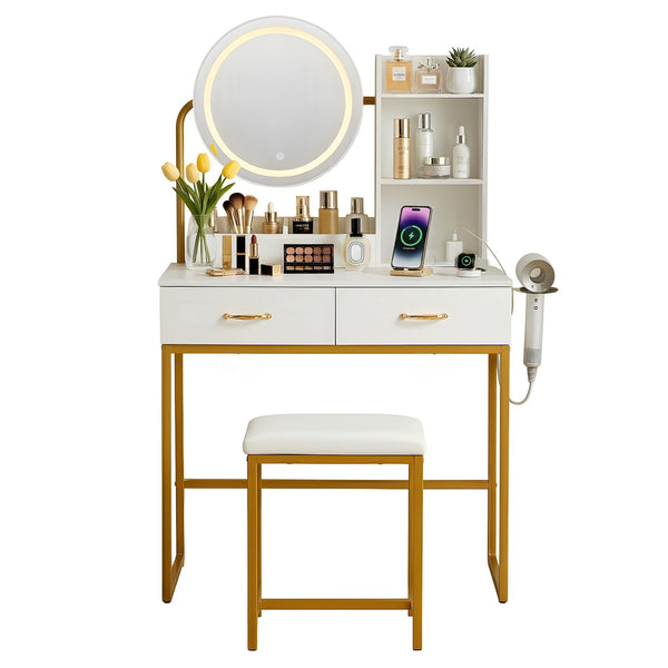 Artiss Dressing Table Vanity Desk Set Stool LED Charging Station White Awezingly