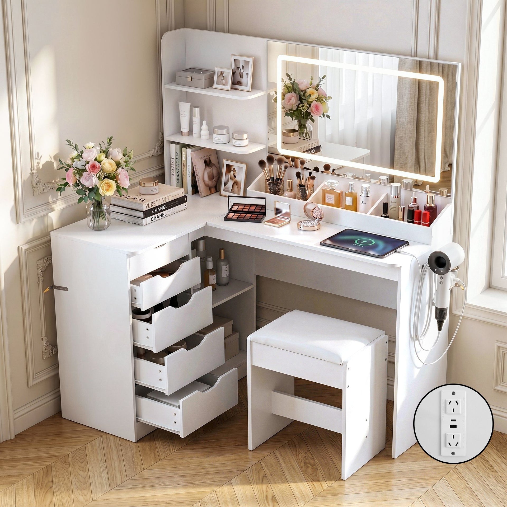 Artiss Dressing Table Corner Vanity Desk Set Stool LED Charging Station White Artiss