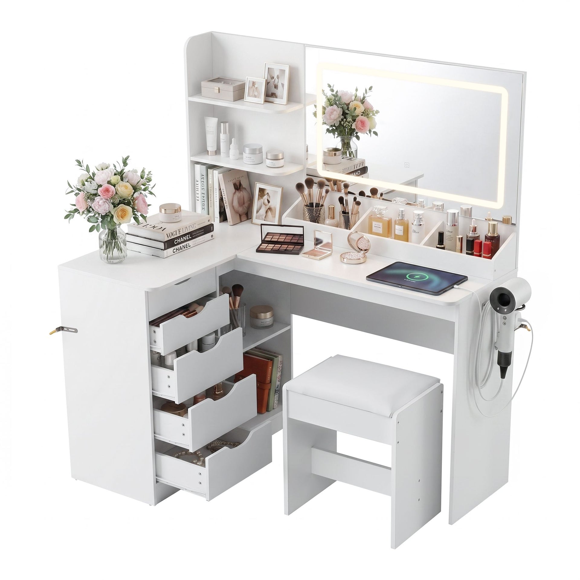 Artiss Dressing Table Corner Vanity Desk Set Stool LED Charging Station White Artiss
