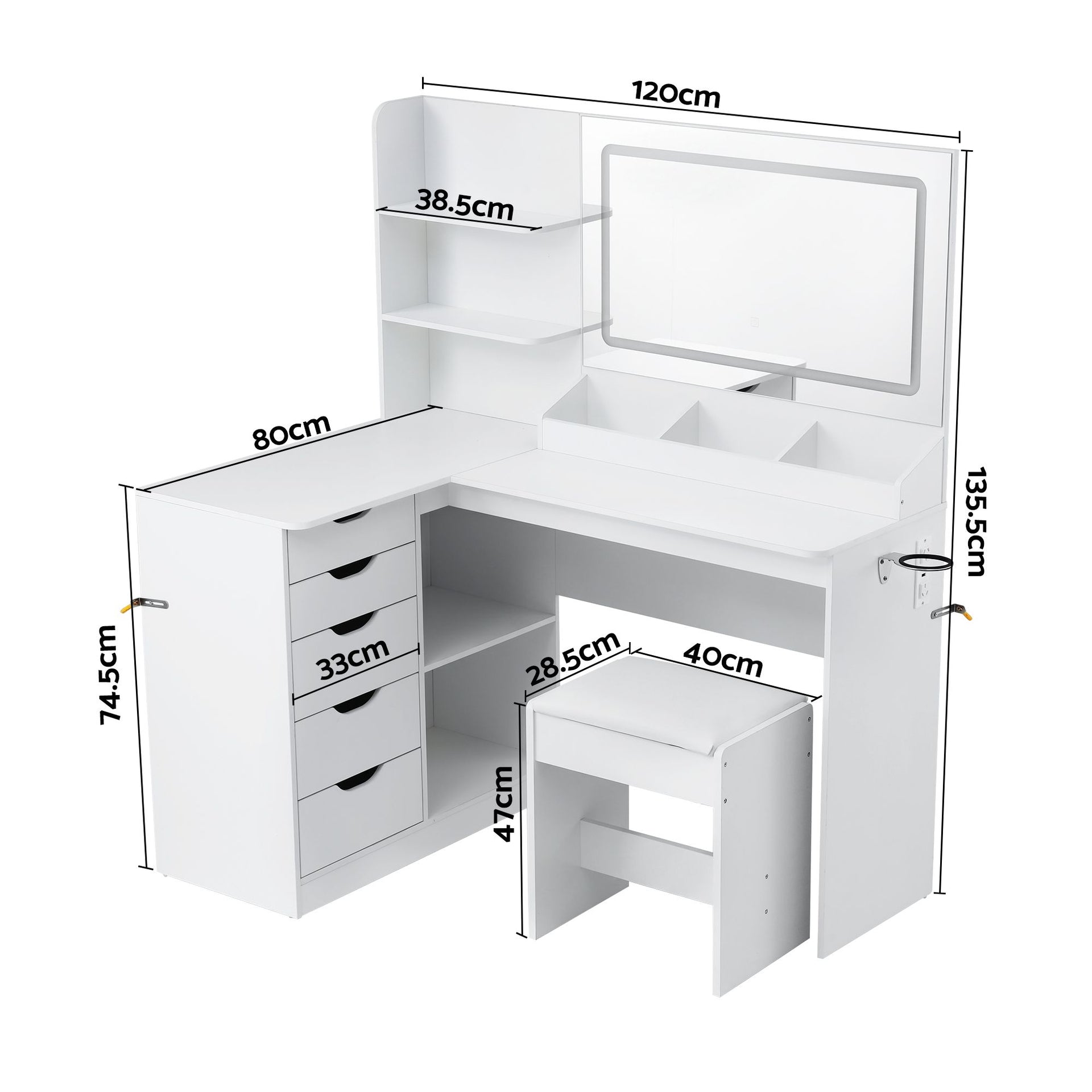 Artiss Dressing Table Corner Vanity Desk Set Stool LED Charging Station White Artiss