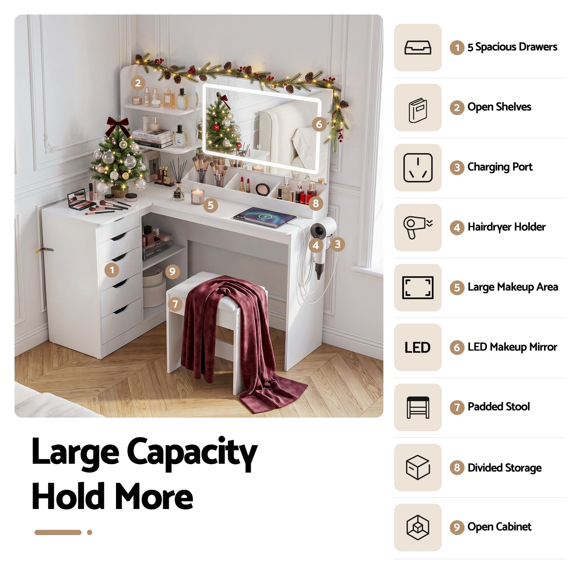 Artiss Dressing Table Corner Vanity Desk Set Stool LED Charging Station White Artiss