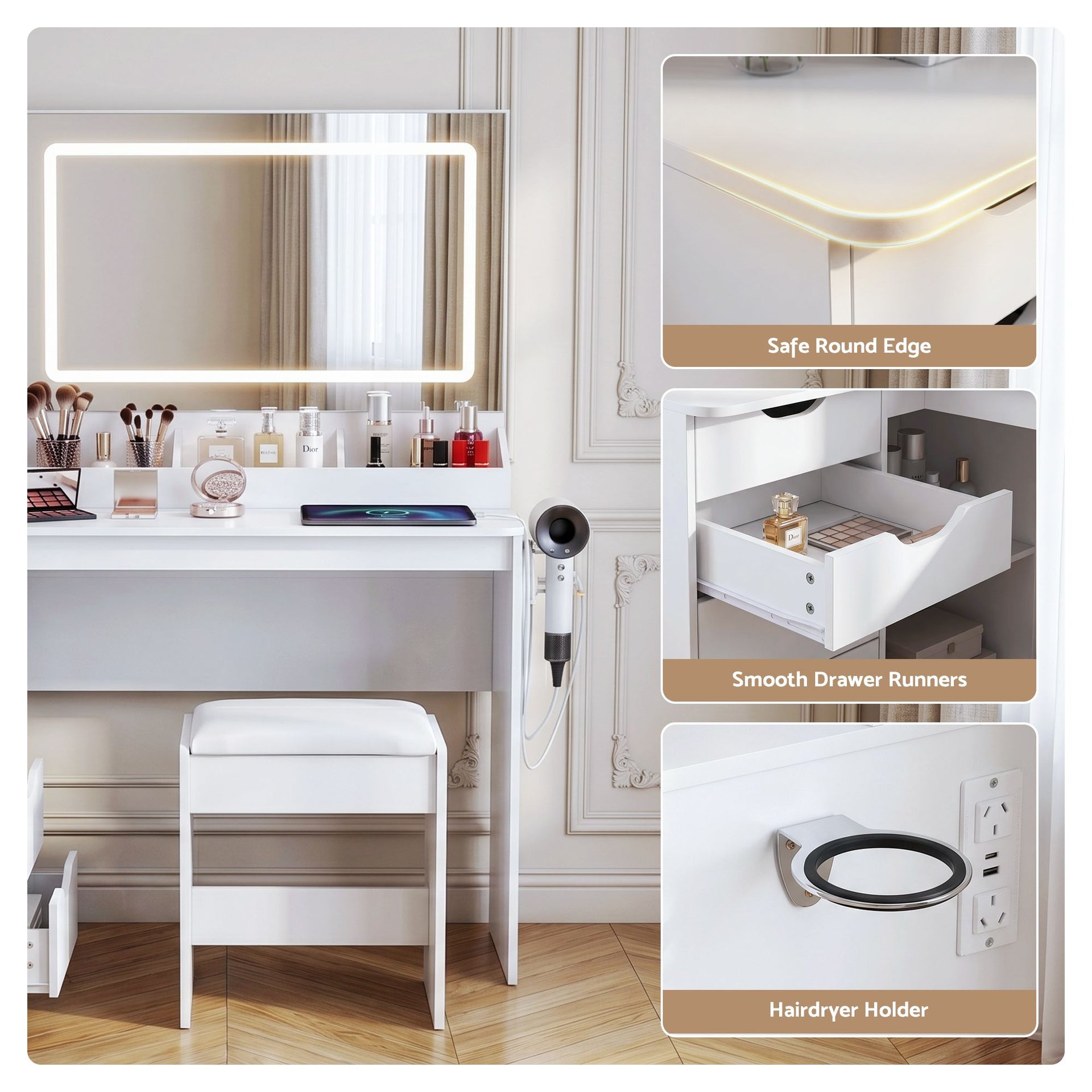 Artiss Dressing Table Corner Vanity Desk Set Stool LED Charging Station White Artiss