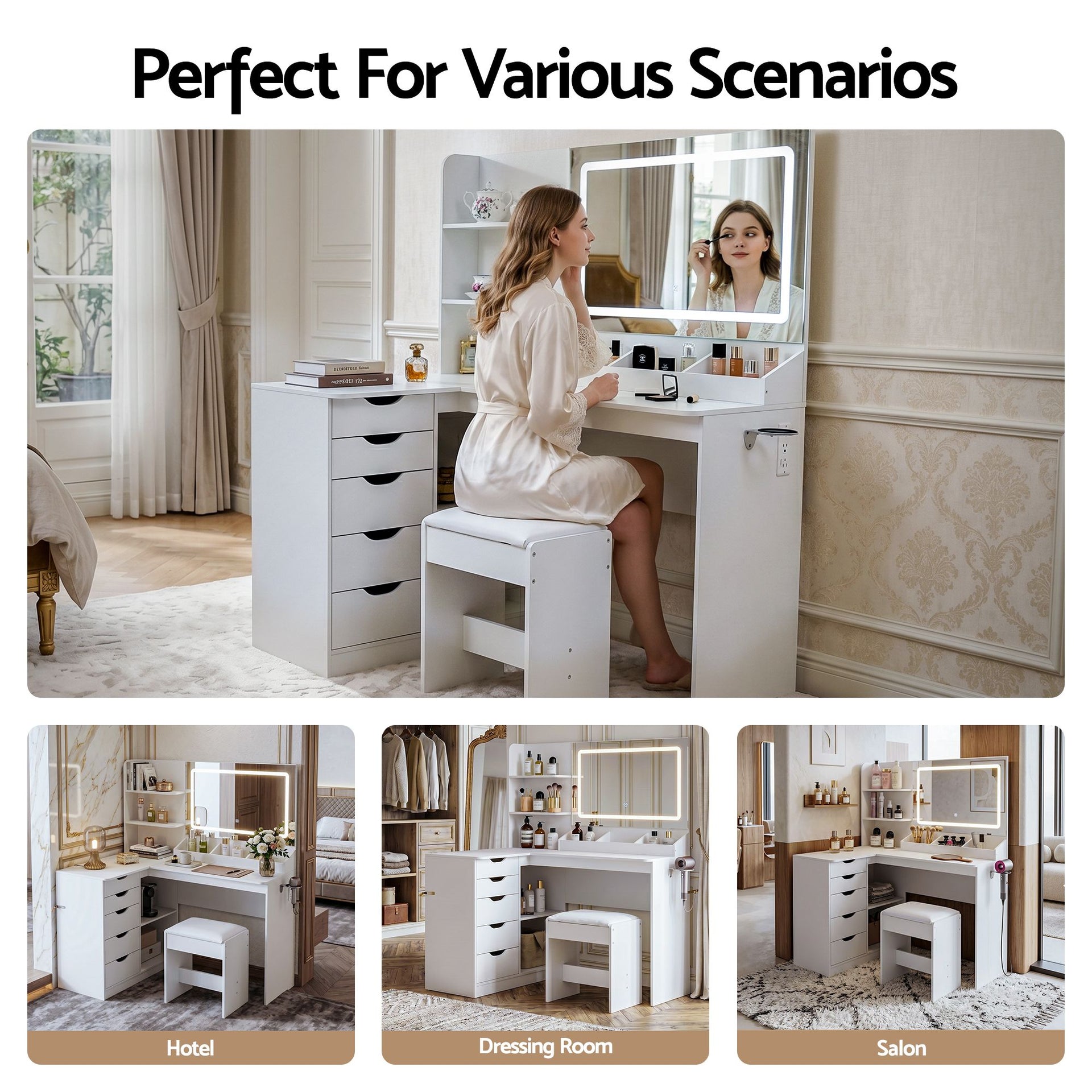 Artiss Dressing Table Corner Vanity Desk Set Stool LED Charging Station White Artiss