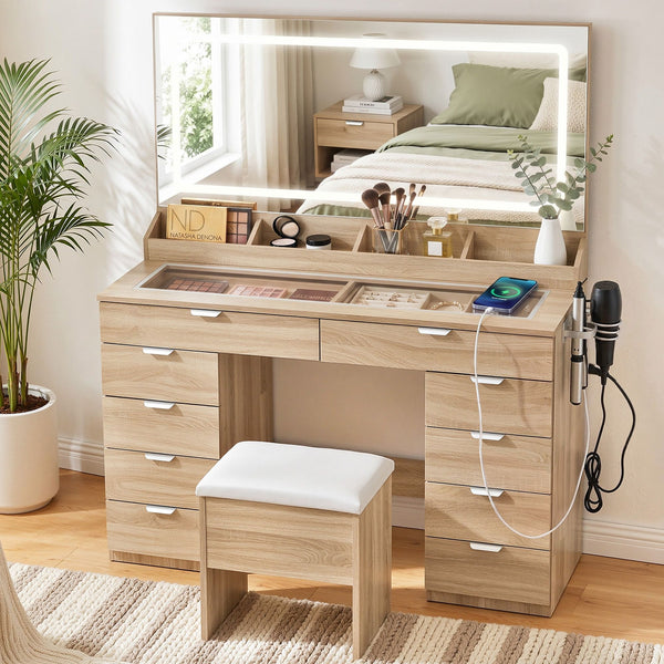 Artiss Dressing Table Makeup Vanity Desk Large LED Mirror 10 Drawers Power Outlet Hair Dryer Holder Hook Wood Awezingly