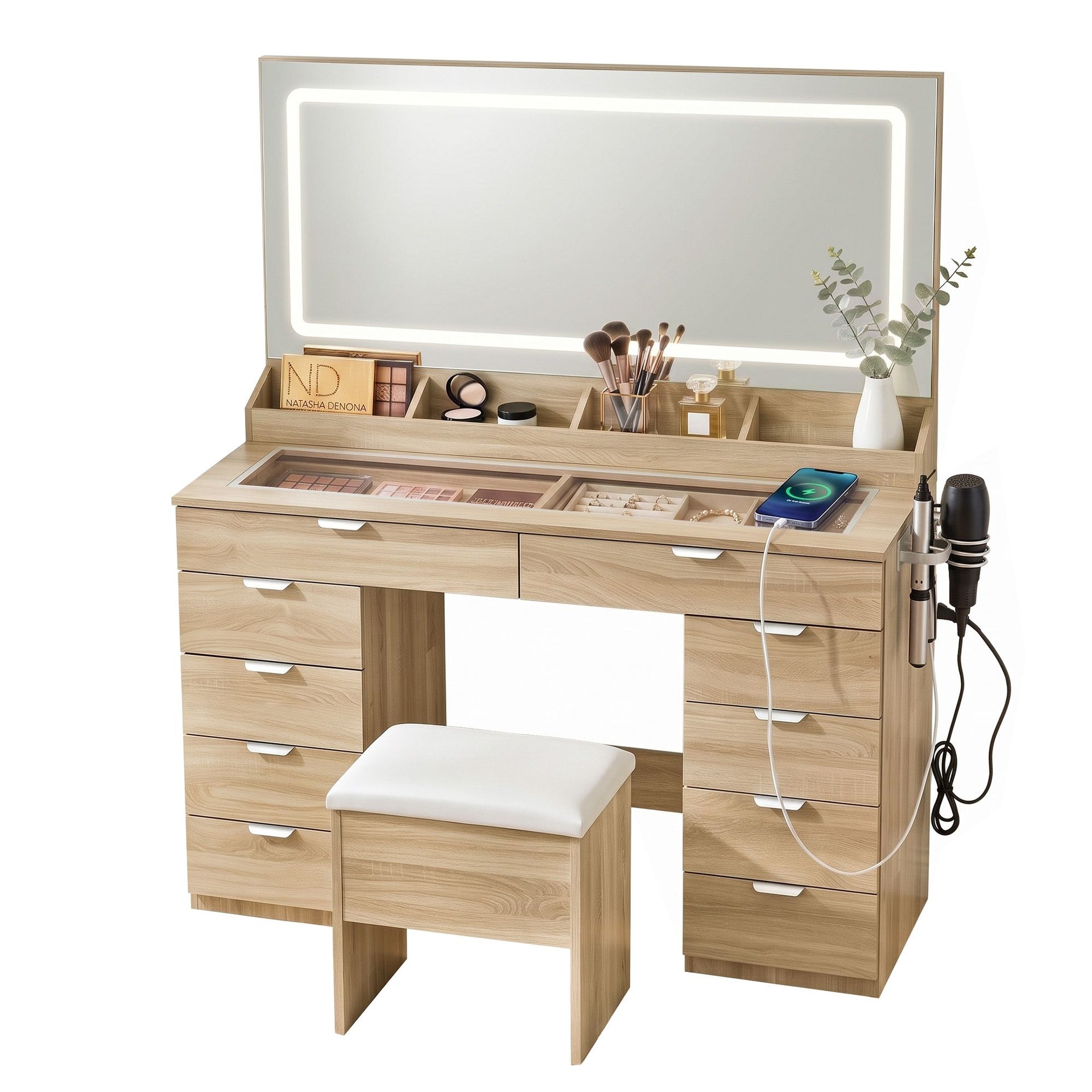 Artiss Dressing Table Makeup Vanity Desk Large LED Mirror 10 Drawers Power Outlet Hair Dryer Holder Hook Wood Awezingly