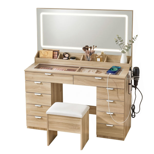Artiss Dressing Table Makeup Vanity Desk Large LED Mirror 10 Drawers Power Outlet Hair Dryer Holder Hook Wood Awezingly